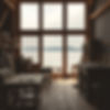 wood workshop, no person present in the picture and a large window with water background.j