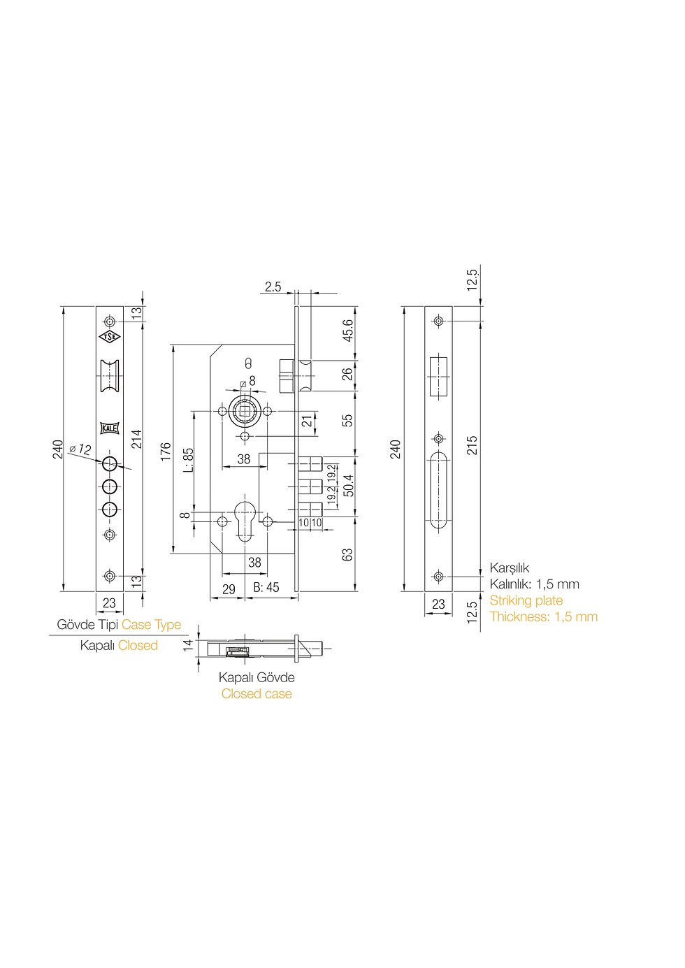Küçük resim: Kale Kilit 152 3MR 45 mm Standart Silindirli Gömme Kapı Kilidi