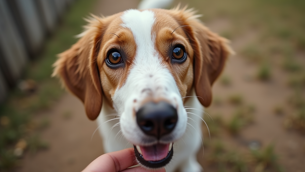 Eye-level view of a dog eagerly waiting for a goat milk treat