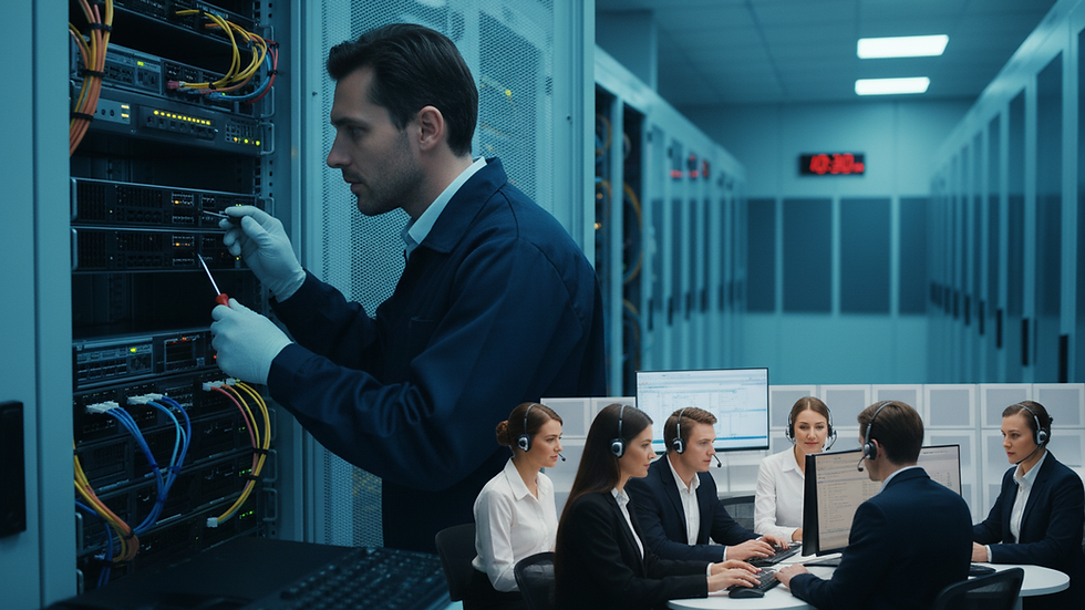 Close-up view of a technician working on a server rack in a data center