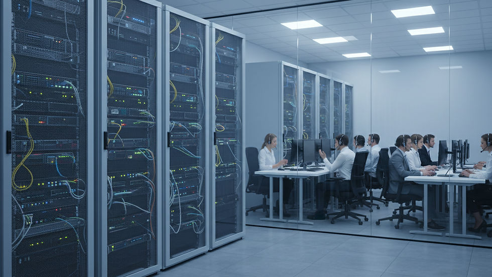 Eye-level view of a modern office server room with racks of equipment