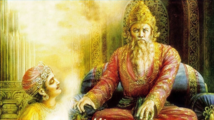 Vidura conversing with Dhritarashtra.