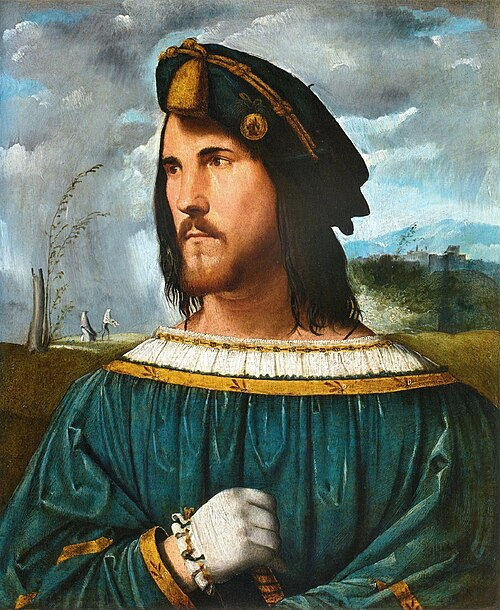 Portrait of Cesare Borgia depicted in opulent Renaissance attire, gazing confidently against a dramatic landscape backdrop.