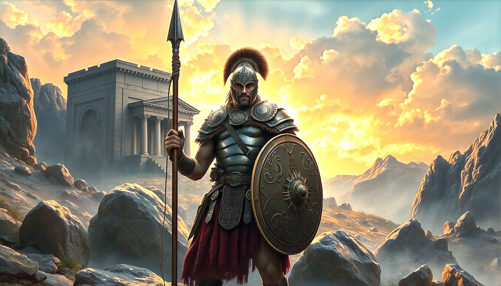 A warrior in elaborate armor stands resolute against a dramatic mountainous backdrop, the sun setting in a sky filled with vibrant clouds. He holds a spear and shield, embodying the strength and determination of Agathocles of Syracuse, with an ancient temple positioned prominently in the background.