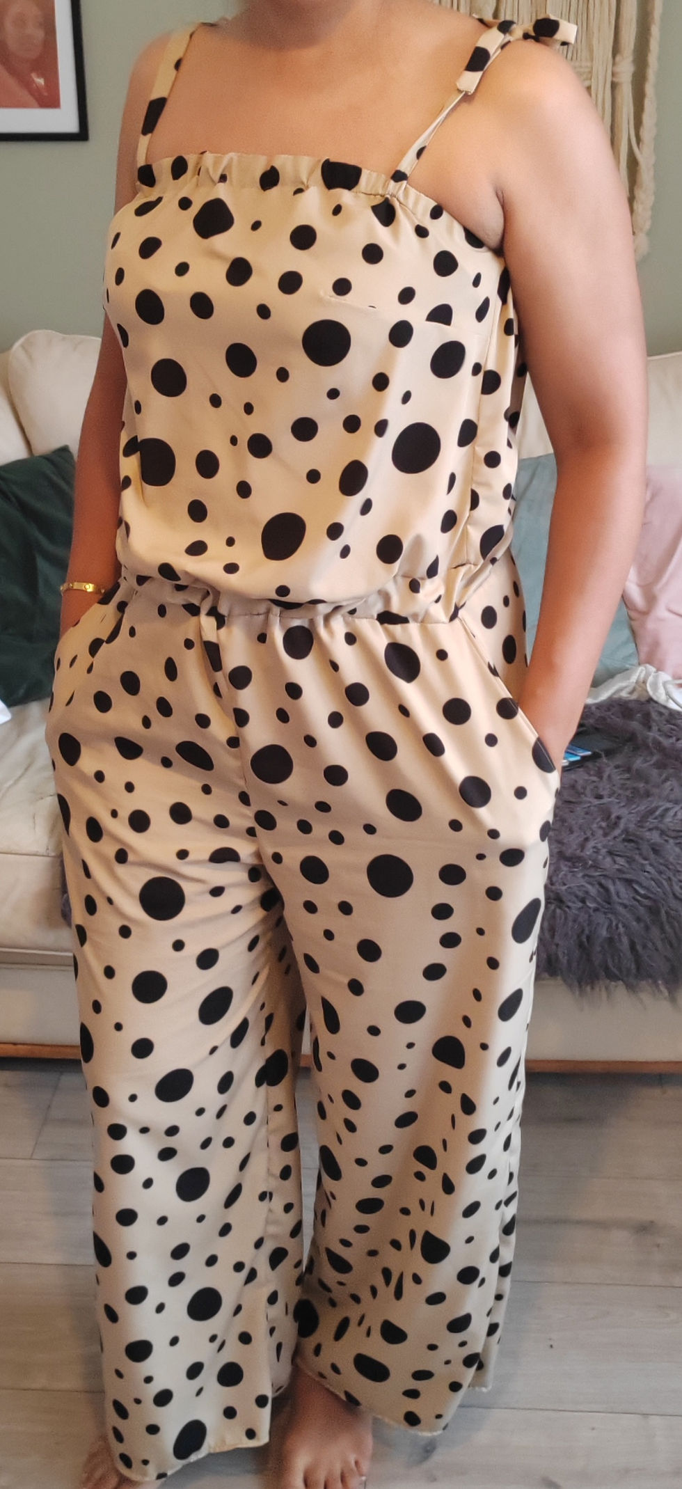 Beige polka dot jumpsuit with tie straps