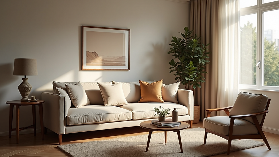 High angle view of a cozy living room with updated decor and furniture