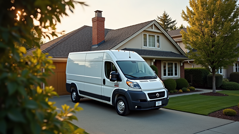 High angle view of a service van parked outside a residential home