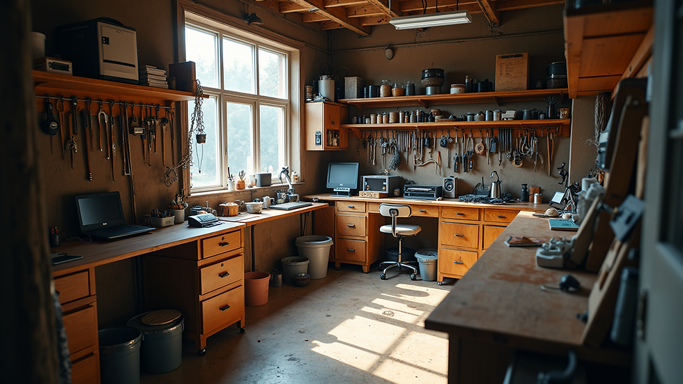 High angle view of a home workshop with organized tools