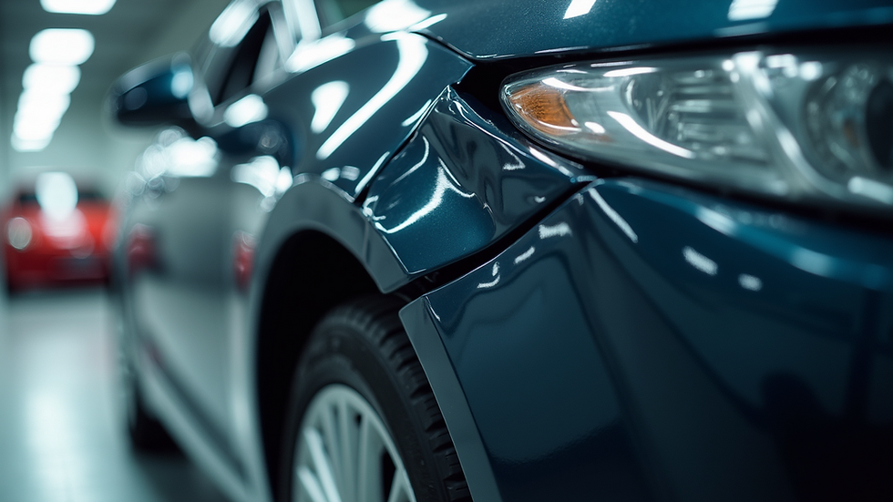 Close-up view of a car's dented bodywork during damage assessment