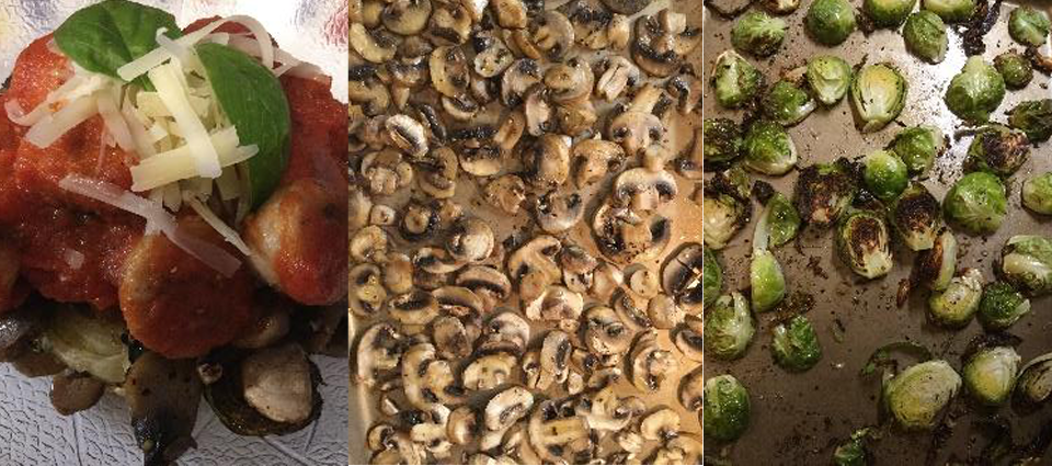 Roasted Brussel Sprouts with Shrooms over Sausage