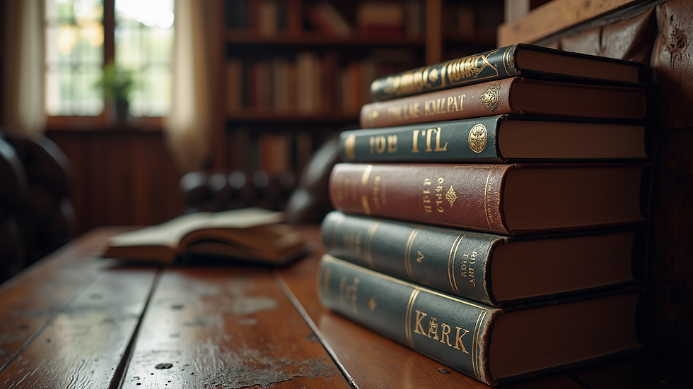 Eye-level view of a cozy reading nook with a stack of mystery novels