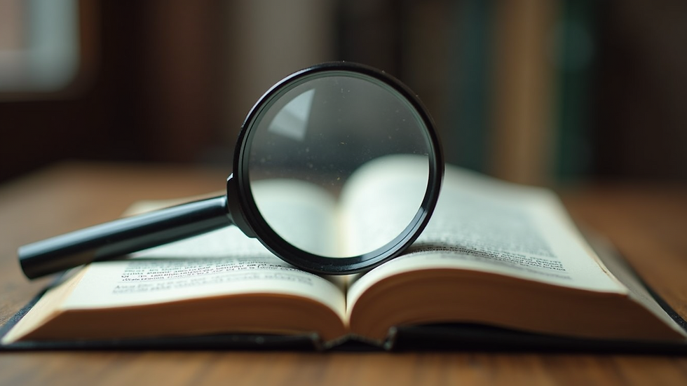 Close-up view of a magnifying glass on an open mystery novel