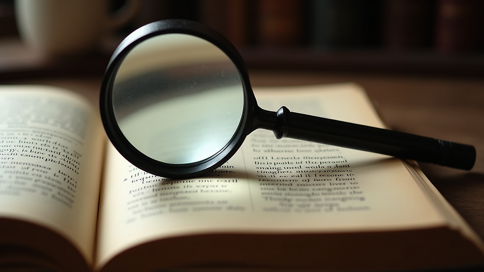 Close-up view of a magnifying glass on an open mystery novel