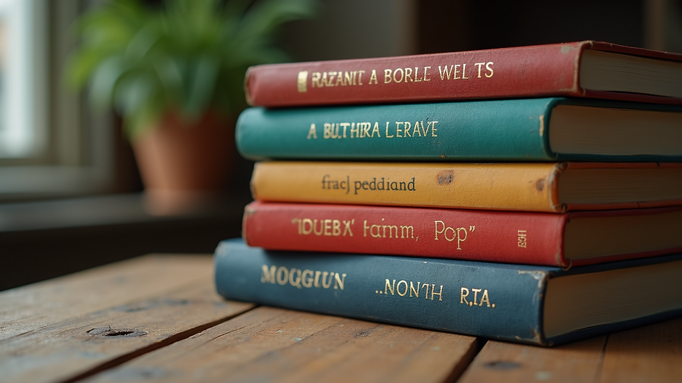 Eye-level view of a stack of colorful mystery novels on a wooden table