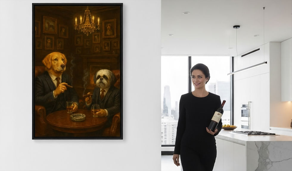 A woman holding wine stands in a modern kitchen beside a portrait of two dogs in suits, smoking cigars. The image is elegant and humorous.