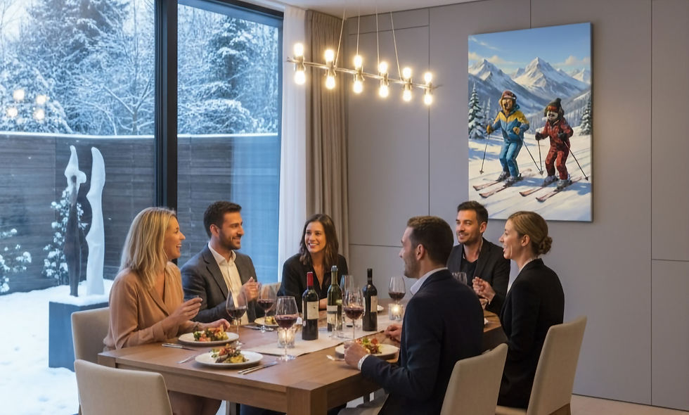 Six people enjoying dinner indoors with wine, smiling and conversing. Snowy landscape visible outside. Skiing artwork on the wall. Cozy ambiance.