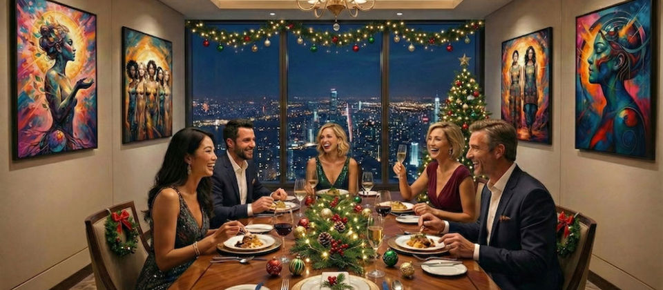 5 friends enjoying a Christmas dinner in a luxury apartment over looking the city with 4 paintings from The Echoes Of Lights Collection
