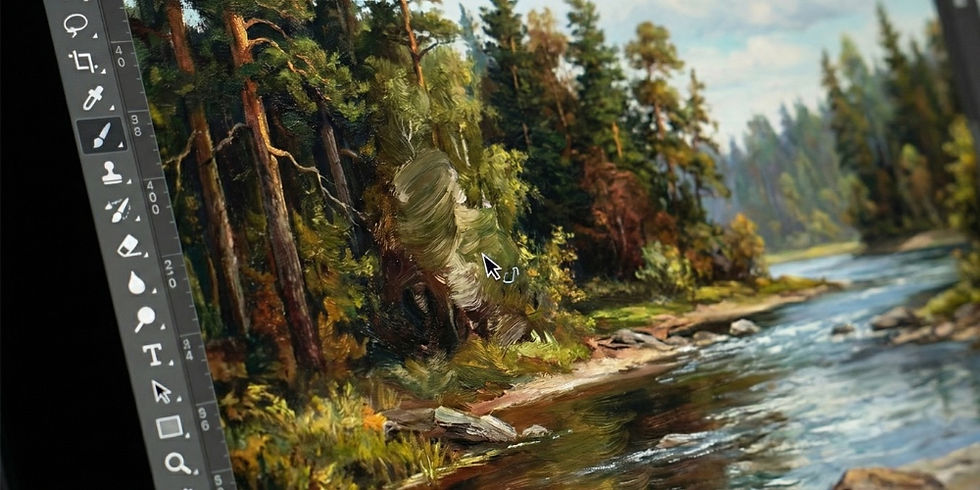 A digital painting of a forest by a river, with vibrant trees and a clear sky. Photoshop tools and cursor visible on the screen.