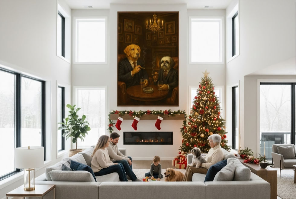 Family and dogs gather in a festive living room with a Christmas tree and stockings. A painting of dogs in suits hangs above the fireplace.