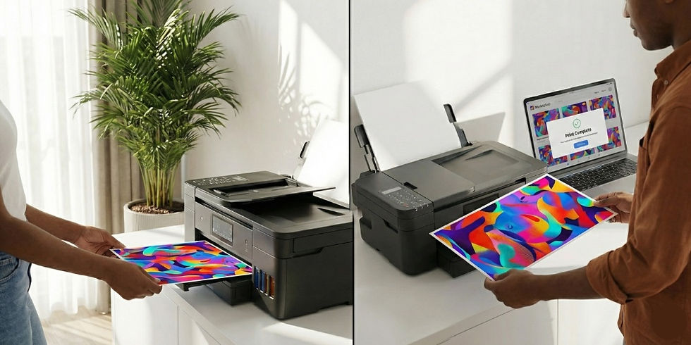 People printing colorful pages in a bright room with a potted plant. A laptop reads "Print Complete," showing the same design.