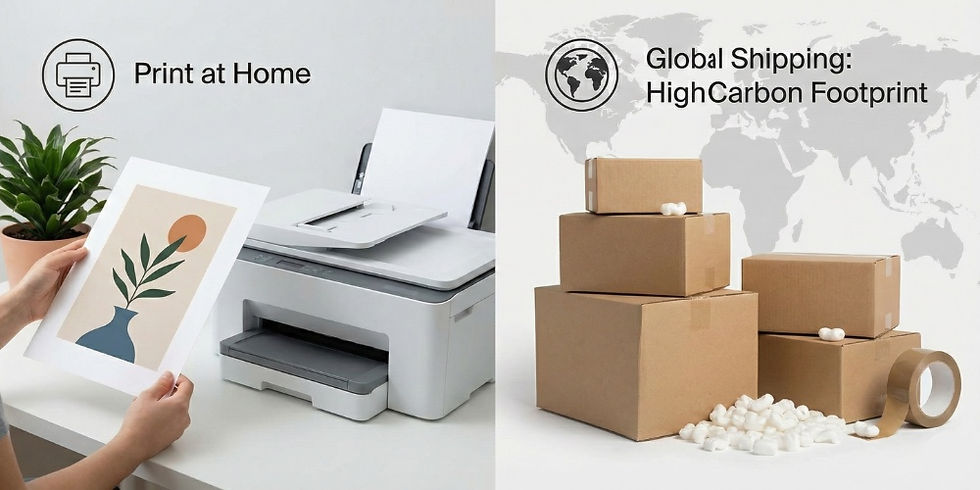 Left: Hands holding printed art by a home printer with plant nearby. Right: Stacked boxes labeled "Global Shipping: High Carbon Footprint."