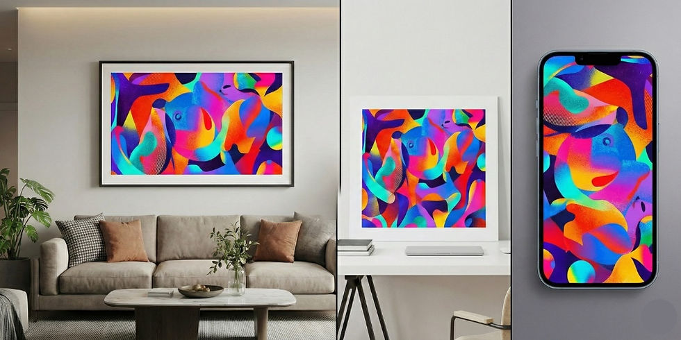 Multicolored abstract art displayed in three settings: a living room wall, a desk stand, and a smartphone screen. Vibrant and modern.