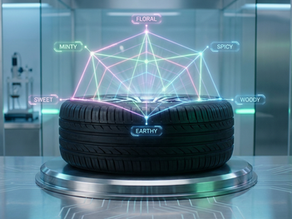 Black rubber car tyre sitting on a laboratory surface. Emanating from the tyre is a glowing, holographic 7-dimensional spider-web chart constructed of light. The graph points represent scent profiles like "Floral," "Minty," and "Sweet."