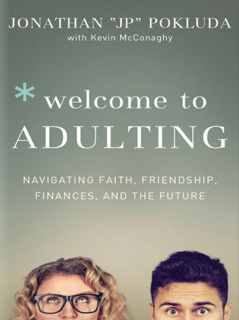a man and woman peek out from the bottom of the book cover with *welcome to adulting on the cover
