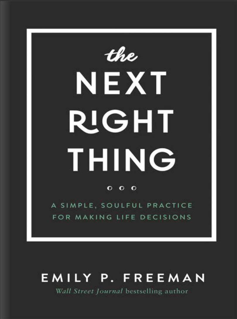 black background and book jacket with text overlay "the next right thing"