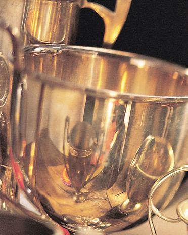Silver trophies stabled on a table, polished and gleaming.