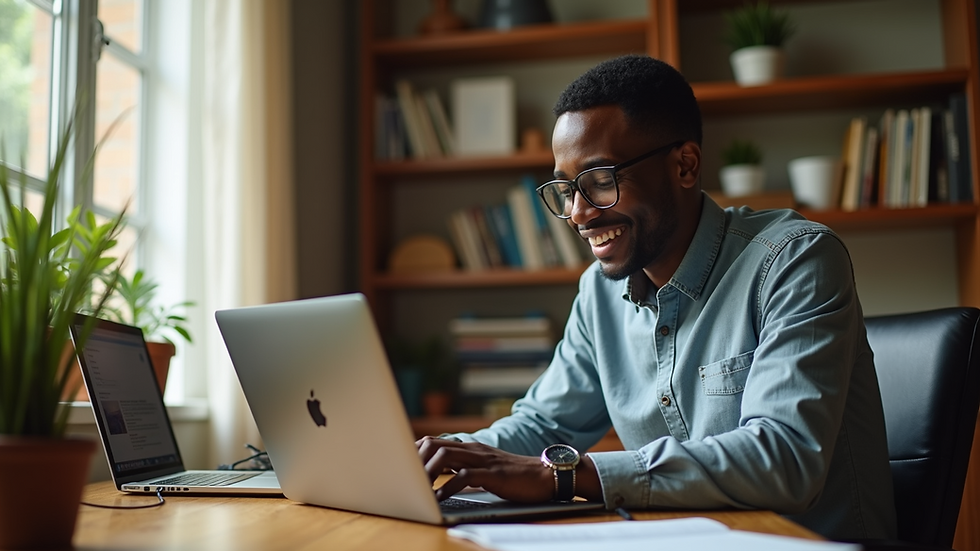 Eye-level view of Mark Mikile Mutunga working on his laptop in a cozy home office