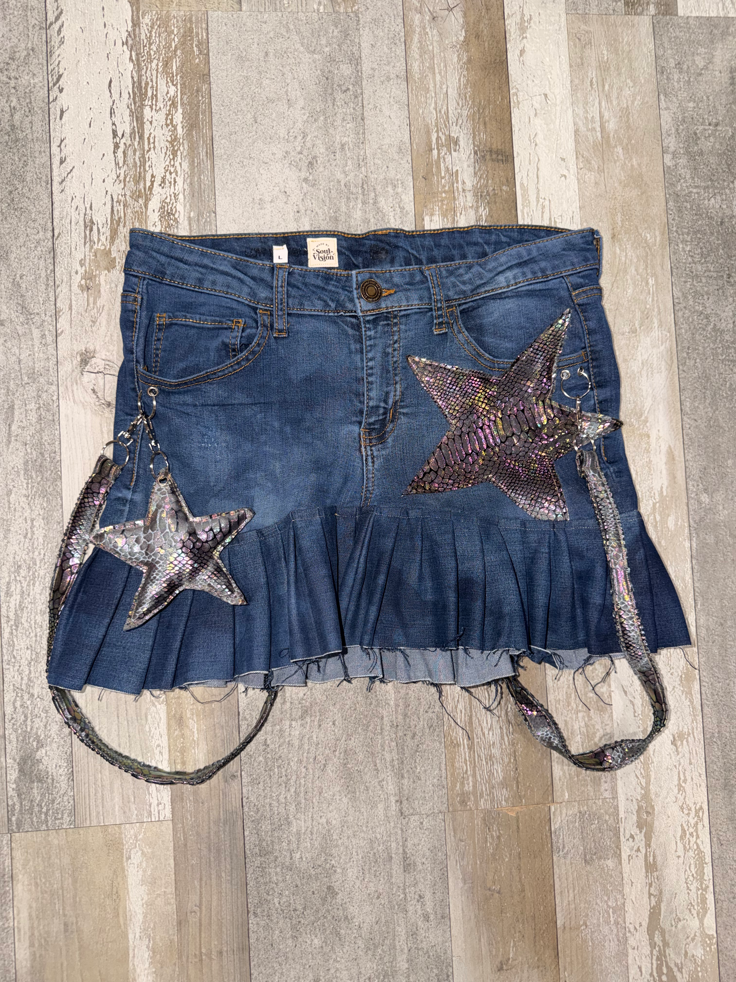 Denim Ruffle Skirt with stuffed star and patches