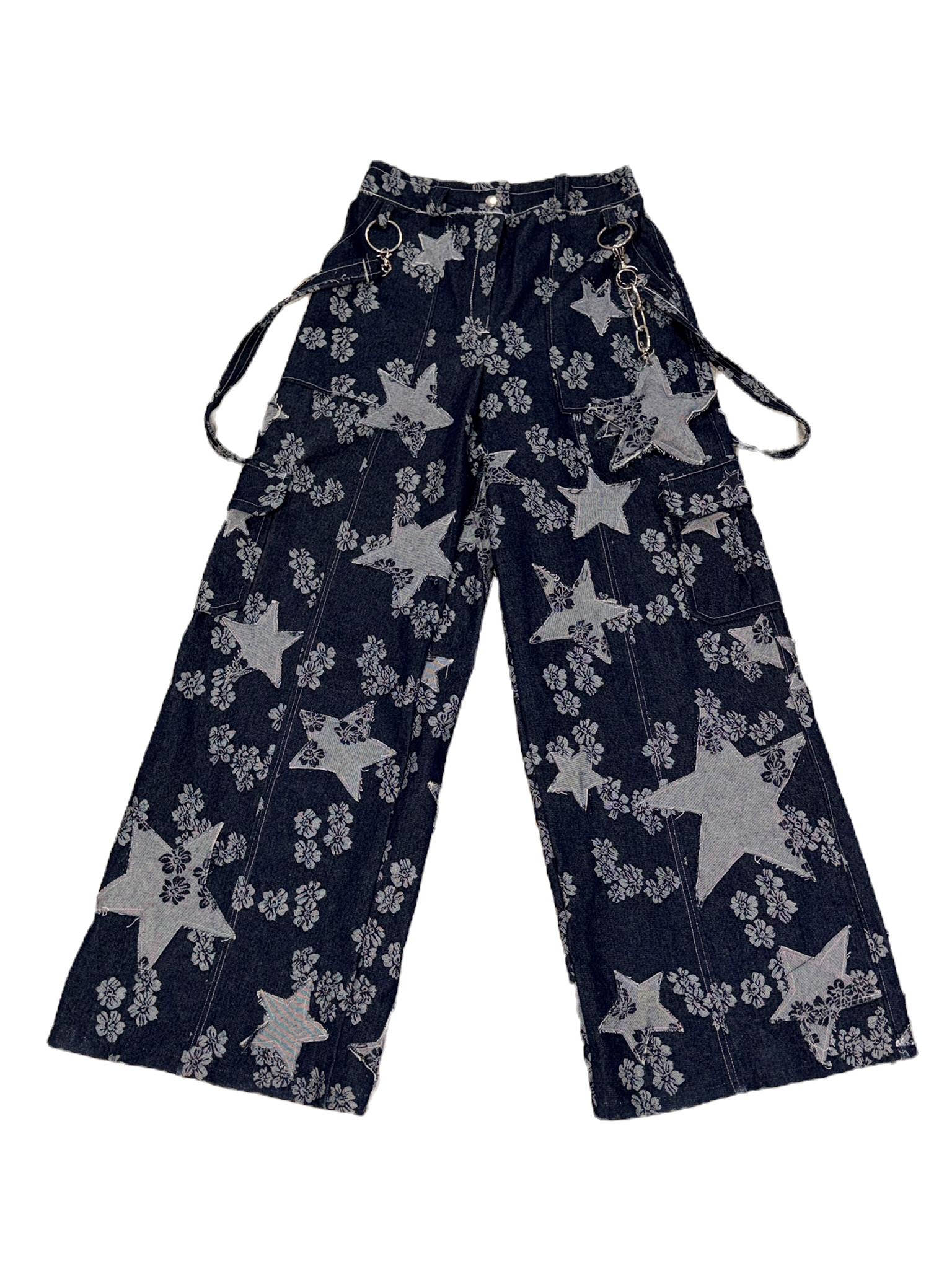 Denim Star and Floral Wide Leg Pants with Star Charm