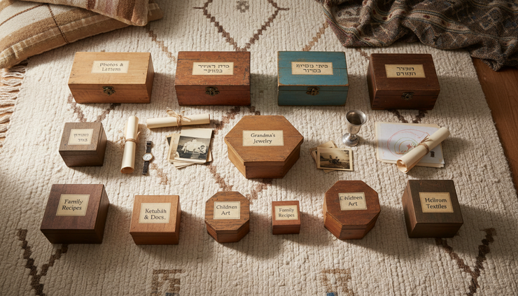 Overhead view of labeled family keepsake boxes arranged on a woven rug