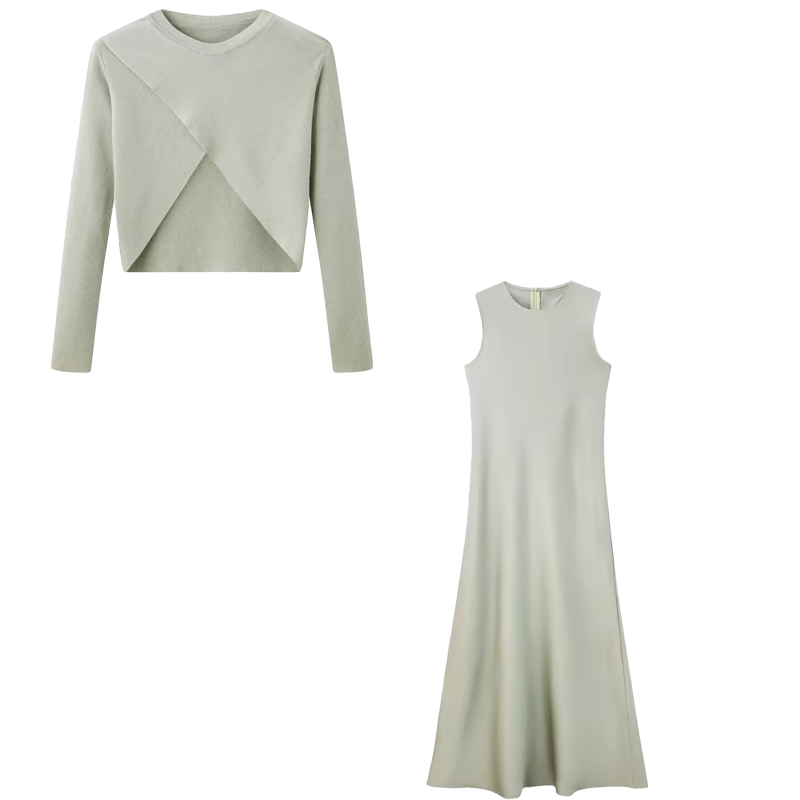 Thumbnail: 2025 Summer Women fashion Long Dress Elegance Satin Dress Knitted Top Match Set 