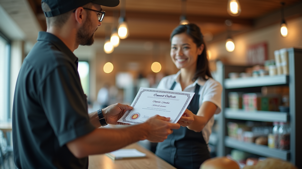 Close-up view of a QSR manager handing out a reward certificate to an employee
