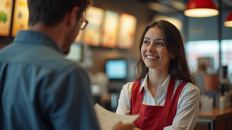 Close-up view of a QSR manager discussing shift plans with a team member