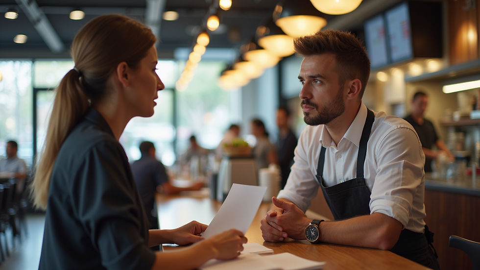 Close-up view of a manager discussing work with a QSR employee in a bright restaurant setting