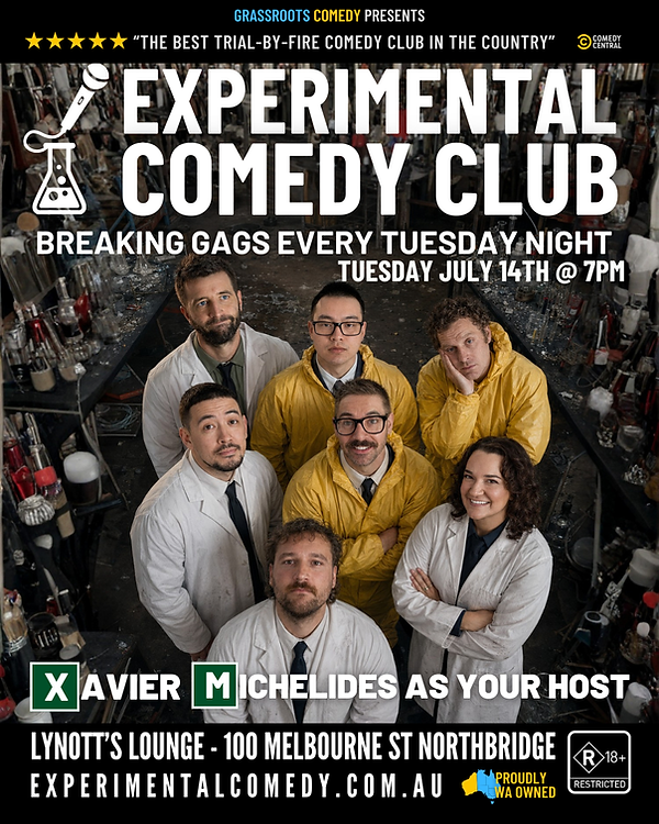 Experimental Comedy Club live stand-up comedy poster promoting Perth’s leading Tuesday night comedy event at Lynott’s Lounge, Northbridge. Showcasing local comedians, professional comedians, surprise guest performers and emerging talent. Affordable comedy tickets, live entertainment, nightlife, and things to do in Perth for comedy lovers seeking a fun midweek night out