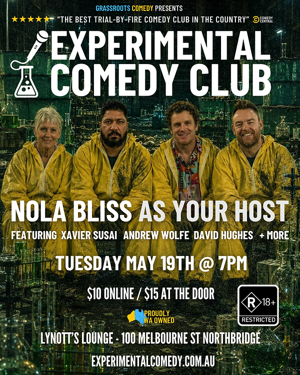 Promotional poster for Experimental Comedy Club, Perth’s popular Tuesday night stand-up comedy show at Lynott’s Lounge in Northbridge. Features multiple comedians performing new material in an affordable, live comedy event known as Perth’s best midweek entertainment. Show includes emerging and professional comedians, surprise guests, and #TightArseTuesday meal deals. Ideal for people searching for things to do in Perth, live comedy, and Tuesday night events.