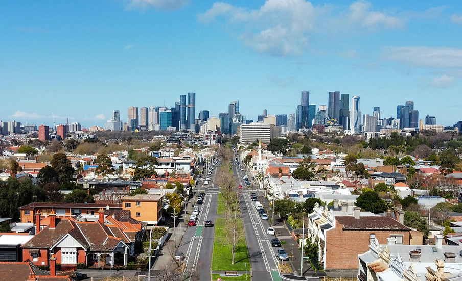 A wide shot of Victoria with skyscrapers, commercial spaces, and homes