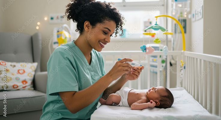 Smiling woman in scrubs with baby, Overnight Nanny Service in nursery setting