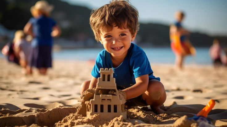 Smiling child building sandcastle on beach with other people in background