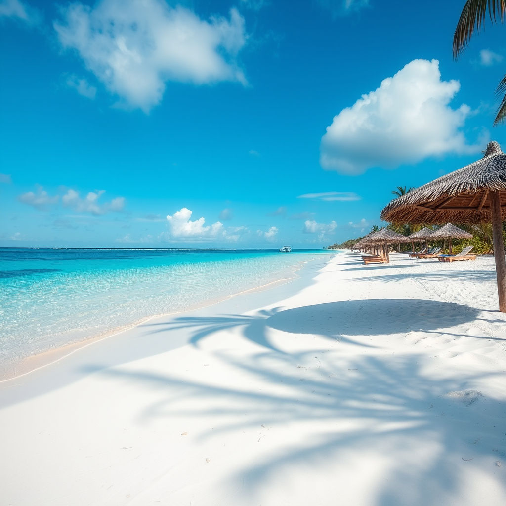 Scenic view of a tropical beach with umbrellas and clear blue water.