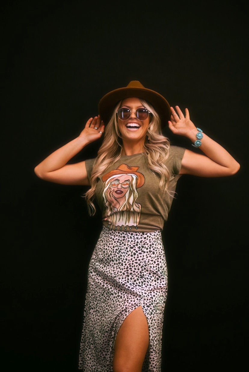 Thumbnail: Boho Cowgirl Olive Rolled Sleeve Tee