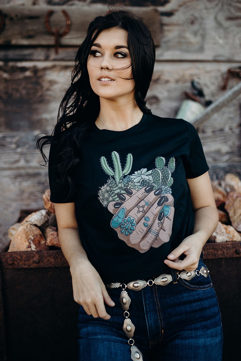 Thumbnail: Turquoise Bloom Black Crop Tee