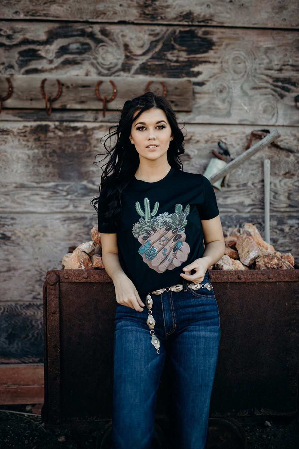 Turquoise Bloom Black Crop Tee