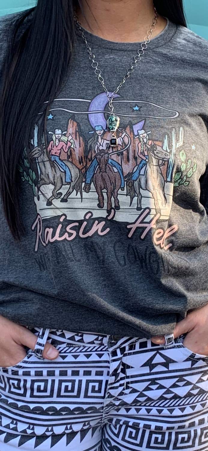 Thumbnail: Raisin’ Hell With All My Cowgirls Grey Acid Wash Tee