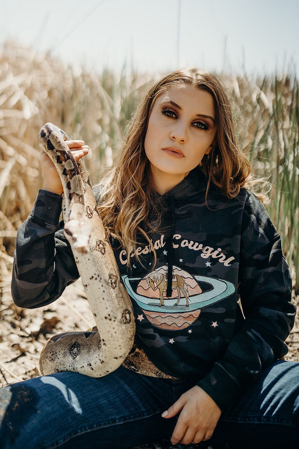 Thumbnail: Celestial Cowgirl Black Camo Cropped Hoodie