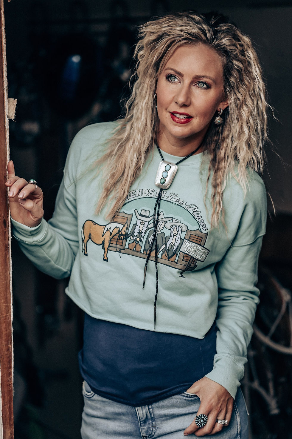 Thumbnail: Friends In Low Places Dusty Blue Cropped Crewneck Sweatshirt